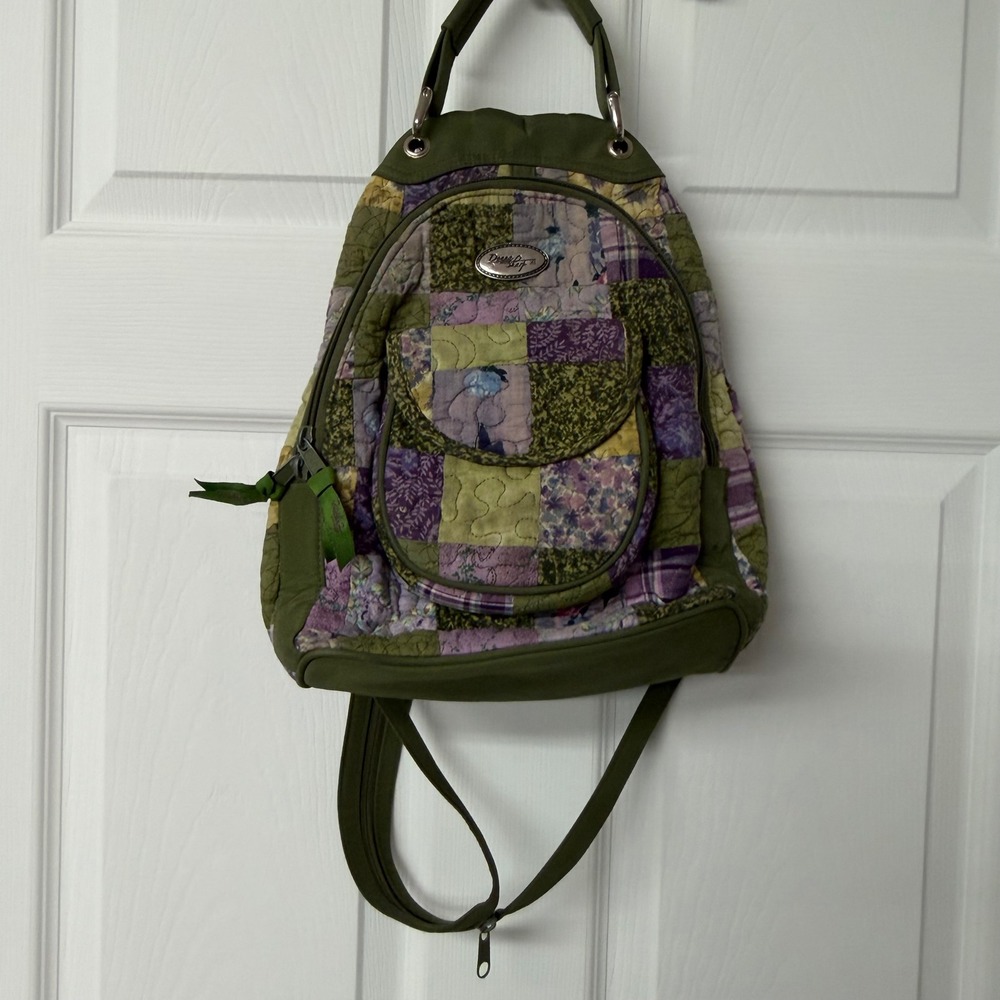 Donna Sharp Quilted Patchwork Sling Backpack Green Purple Floral Convertible Bag